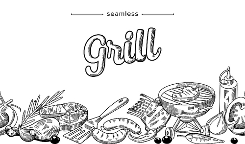 grill food doodle seamless pattern. monochrome drawing with meat or fish steaks, sausages, barbecue machine, turner, s and herbs, mustard, onion for cooking bbq. linear vector illustration
