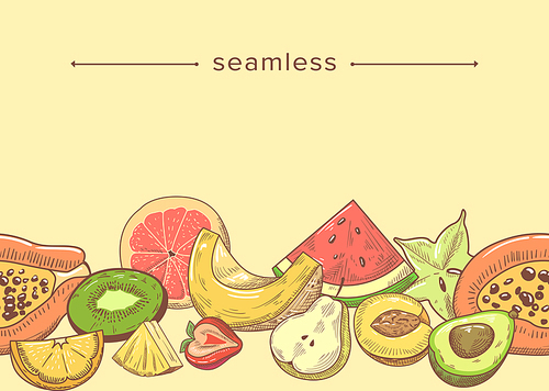 seamless pattern with fresh fruits slices, doodle composition with lime or lemon, strawberry, papaya, plum and carambola. water, pear, kiwi and melon hand drawn border. linear vector illustration