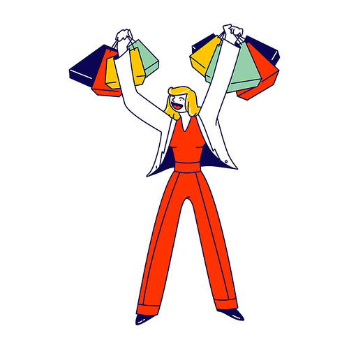 Cheerful Shopaholic Girl Character with Purchases in Colorful Paper Bags. Happy Woman Holding Shopping Packages. Female Buyer Having Fun during Seasonal Sale, Discount. Linear Vector Illustration