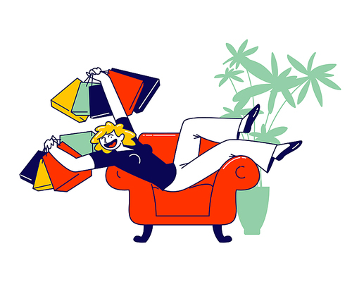 Young Woman Shopaholic Character Lying on Armchair with Many Colorful Shopping Bags in Hands Happy about Making Lot of Purchases in Mall. Girl Shopper in Store. Linear People Vector Illustration