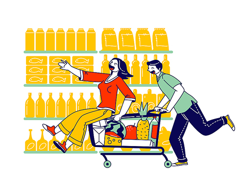 Happy Couple Characters Fool in Supermarket Riding Trolley. Happy Man Pushing Shopping Cart with his Girlfriend Sitting inside. Sparetime, Leisure, Vacation Fun. Linear People Vector Illustration