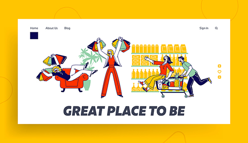 Shopaholic Characters Landing Page Template. Cheerful Woman Hold Shopping Bags with Purchases. Couple Fool in Supermarket Riding Trolley. Man Push Cart with Girl. Linear People Vector Illustration