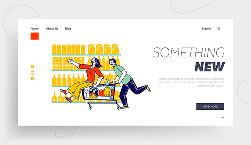 Shoppers Sparetime Landing Page Template. Happy Couple Characters Fool in Supermarket Riding Trolley. Man Pushing Shopping Cart with his Girlfriend Sitting inside. Linear People Vector Illustration