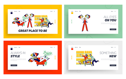 Shopaholic Characters Landing Page Template Set. Cheerful Woman Hold Shopping Bags with Purchases. Couple Fool in Supermarket Riding Trolley. Man Push Cart with Girl. Linear People Vector Illustration
