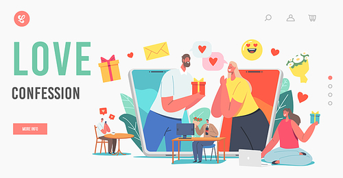 Love Confession Landing Page Template. Online Date, Modern Romance Relationships. Male and Female Characters Chatting via Smartphones and Computers in Internet. Cartoon People Vector Illustration