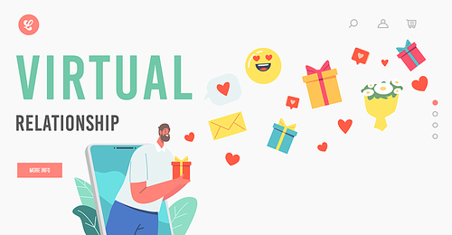 Virtual Relationship Landing Page Template. Online Date, Tiny Male Character on Huge Smartphone Screen Holding Gift Box in Hands Sending Messages via Internet. Cartoon People Vector Illustration