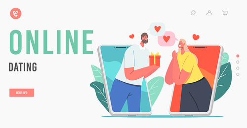 Online Dating Landing Page Template. Modern Romance Relationship. Male a Character Giving Present to Woman via Smartphone Screen in Internet, Couple Mobile Match. Cartoon People Vector Illustration