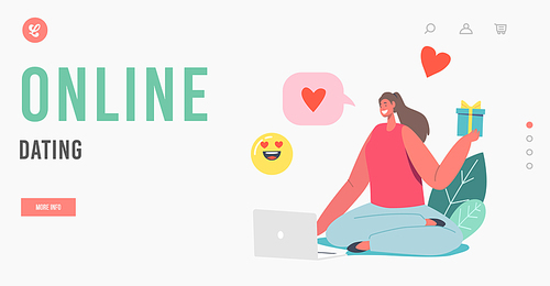 Online Dating Landing Page Template. Female Character with Gift Box Sitting at Laptop, Sending Messages, Emoji and Hearts via Internet Network on Dating Web Site. Cartoon People Vector Illustration