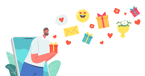 Online Date, Tiny Male Character on Huge Smartphone Screen Holding Gift Box in Hands Sending Messages, Emoji and Flower Bouquets via Internet Network on Dating Site. Cartoon People Vector Illustration