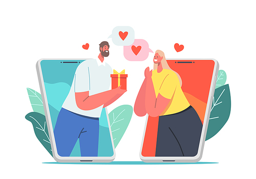 Online Date, Modern Romance Relationship Concept. Male a Character Giving Present to Woman via Smartphone Screen Dating in Internet, Couple Match Mobile Application. Cartoon People Vector Illustration