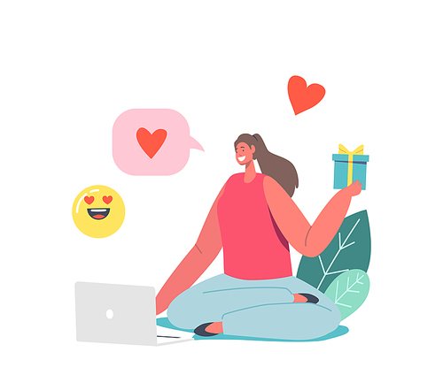 Online Date, Modern Relations, Female Character with Gift Box in Hands Sitting at Laptop, Sending Messages, Emoji and Hearts via Internet Network on Dating Web Site. Cartoon People Vector Illustration