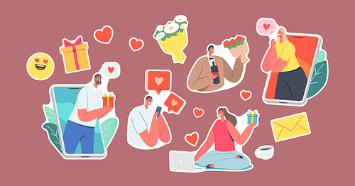 Set of Stickers Online Date, Modern Romance Relationships Theme. Characters Chatting via Smartphones and Computers in Internet Networks. Couple Match Dating. Characters. Cartoon Vector Illustration