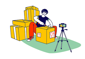 online parcel unpacking concept. influencer male character unboxing purchase recording video for internet shopping .. blogger, vlogger streaming, video product review. linear vector illustration