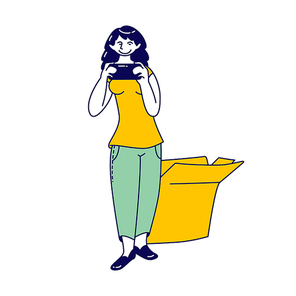 modern girl influencer or fashion .ger recording video on smartphone stand near unpacked cardboard box. female character make broadcasting expertise for beauty product. linear vector illustration