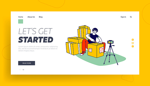 online parcel unpacking landing page template. influencer male character unboxing purchase recording video for internet shopping .. blogger, vlogger video product review. linear vector illustration