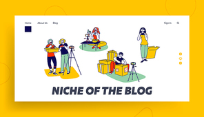 mail delivery shipment .ging landing page template. .gers characters opening parcel boxes recording unboxing video for internet. live streaming social media. linear people vector illustration