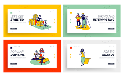 .ging parcel unpacking live streaming landing page template set. mail delivery shipment. .gers characters open parcel box recording unboxing video for internet. linear people vector illustration