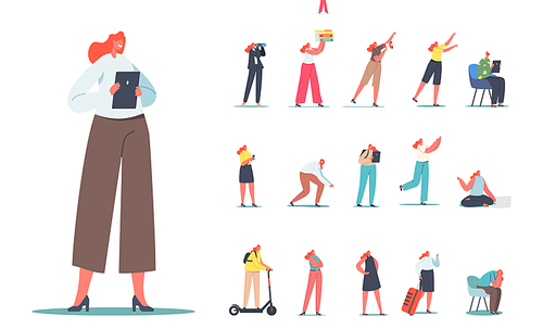 Set of Female Characters, Businesswoman with Tablet Pc, Binoculars, Student Girl, Busy Secretary with Folders Pile, Traveler with Bag Isolated on White Background. Cartoon People Vector Illustration