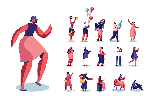 Set of Female Characters Dance, Cheer Leader Performance, Girl with Balloons, British Flag and Champagne Bottle Collect Cotton on Field Isolated on White Background. Cartoon People Vector Illustration