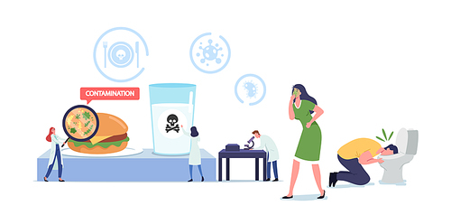Food Poisoning, Contaminated Products Concept. Sick Characters Nausea and Vomit in Toilet Bowl, Tiny Doctors with Magnifier Research Ingredients in Laboratory. Cartoon People Vector Illustration
