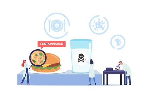 Food Poisoning, Contaminated Products Concept. Tiny Doctors Characters with Huge Magnifier and Microscope Research Infected Ingredients and Water in Laboratory. Cartoon People Vector Illustration