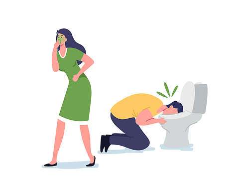 Food Poisoning, Contaminated Products Concept. Sick Male and Female Characters Nausea and Vomit in Toilet Bowl after Eating Poisoned Meal. People Gastrointestinal Problem. Cartoon Vector Illustration