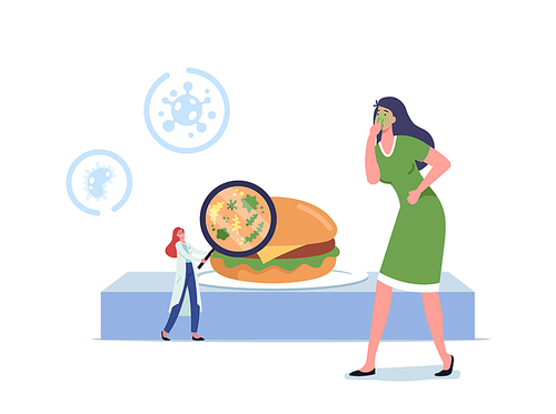 Food Poisoning, Contaminated Products Concept. Sick Female Character Nausea and Vomit after Eating Poisoned Burger. Tiny Doctor with Magnifier Research Meal in Lab. Cartoon People Vector Illustration