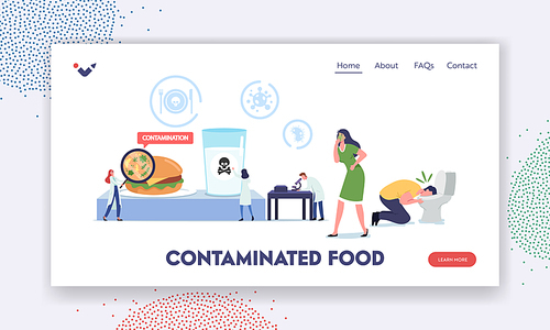 Food Poisoning, Contaminated Products Landing Page Template. Sick Characters Nausea and Vomit in Toilet, Tiny Doctors with Magnifier Research Ingredients in Lab. Cartoon People Vector Illustration