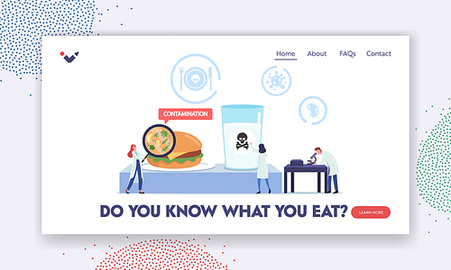 Contaminated Poisoned Food Landing Page Template. Tiny Doctors Characters with Huge Magnifier and Microscope Research Infected Ingredients and Water in Laboratory. Cartoon People Vector Illustration