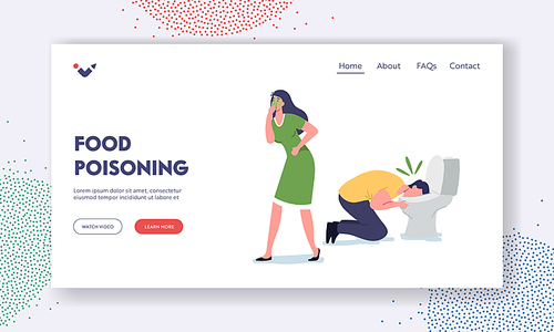 Food Poisoning Landing Page Template. Sick Male and Female Characters Nausea and Vomit in Toilet Bowl after Eating Poisoned Meal. People Gastrointestinal Problem. Cartoon Vector Illustration