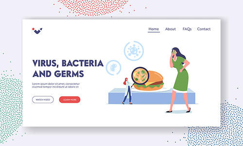 Virus, Bacteria and Germs in Contaminated Food Landing Page Template. Sick Female Character Nausea after Eating Poisoned Burger. Doctor with Glass Research Meal. Cartoon People Vector Illustration