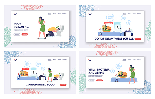 Food Poisoning, Contaminated Products Landing Page Template Set. Sick Characters Nausea and Vomit in Toilet, Tiny Doctors with Magnifier Research Ingredients in Lab. Cartoon People Vector Illustration