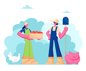 Couple of Girls Farmers in Working Overalls with Shovel and Box of Ripe Healthy Fruits or Vegetables, Animal Husbandry, Farms Natural Products, Organic Food Gardening, Cartoon Flat Vector Illustration