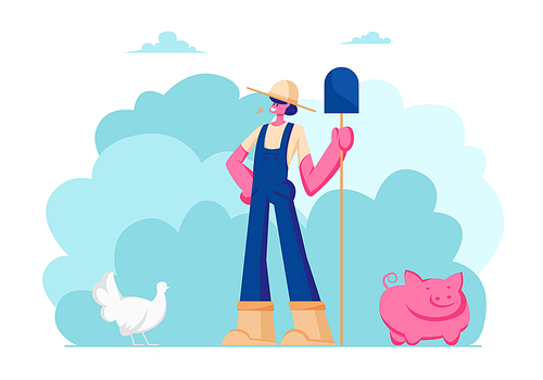 Farm Girl in Working Uniform and Hat Holding Shovel in Hand. Animal Husbandry, Poultry Farming, Natural Eco Production, Organic Food Gardening, Countryside Agriculture Cartoon Flat Vector Illustration