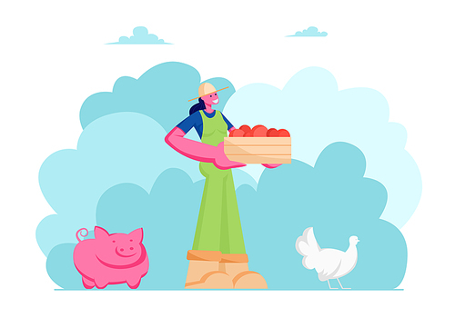 Girl Farmer or Gardener in Working Overall with Box of Ripe Healthy Fruits or Vegetables, Animal Husbandry, Pig, Chicken, Farm Natural Product, Organic Food Gardening Cartoon Flat Vector Illustration