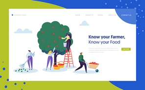 Garden Farm Landscape Farmer Concept Landing Page. Woman Pick Apple Harvest with Ladder. Character Harvesting Ripe Organic Fruit from Green Tree Website or Web Page. Flat Cartoon Vector Illustration