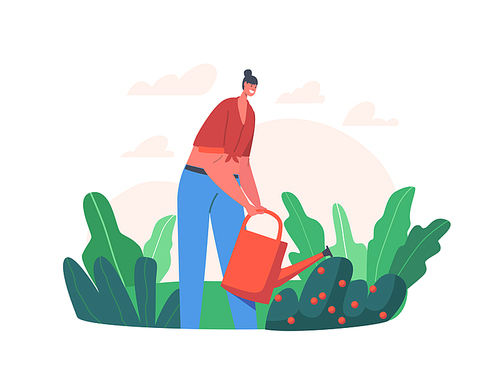 Happy Girl Gardening, Watering Orchard Plant from Can. Farmer Woman Caring of Bush, Horticulture and Olericulture Hobby, Farming Work, Female Character in Garden. Cartoon People Vector Illustration