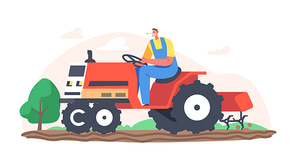 Senior Farmer in Cap and Overalls Work on Tractor Plow the Land on Farm. Worker Male Character Agricultural Worker Prepare Field for Sowing Seeds, Agriculture Job. Cartoon People Vector Illustration