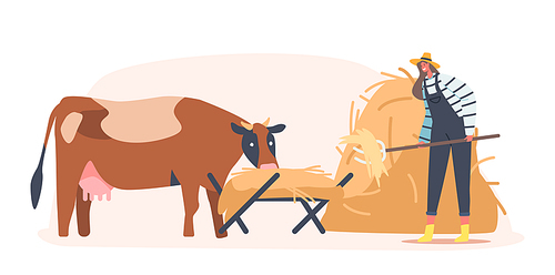Young Farmer Woman Feeding Cow Putting Straw in Trough. Female Character at Work Process Caring of Domestic Animals at Cattle Farm. Agriculture, Rancher Working Activity. Cartoon Vector Illustration