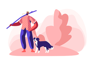 Young Barefoot Man in Chaff Hat Stand with Long Stick on Shoulder and Straw in Mouth with Dog near his Leg. Shepherd Male Character. Villager, Farmer Walking Outdoors. Cartoon Flat Vector Illustration