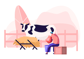 Young Milkmaid Woman in Uniform Sitting on Box and Milking Cow into Bucket. Milk and Dairy Farmer Agriculture Products, Farming Rancher Girl Working on Animal Farm. Cartoon Flat Vector Illustration