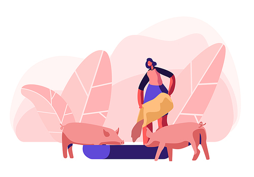 Young Woman Feeding Pigs Putting Grain in Trough. Female Farmer Character at Work Process Caring of Domestic Animals at Farm. Agriculture, Rancher Summer Time Activity Cartoon Flat Vector Illustration