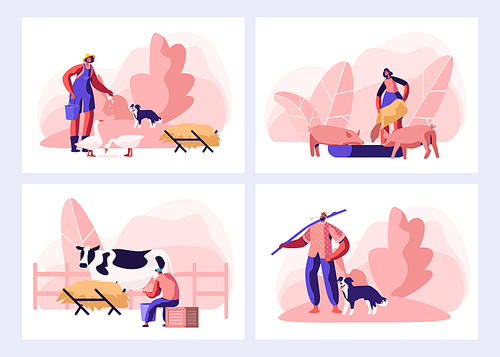 Set of Farmer Everyday Routine. People Doing Farming Job. Feeding Animals, Milking Cow, Shearing Sheep, Raking Hay. Male and Female Characters Working with Cattle. Cartoon Flat Vector Illustration