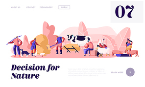 Farmers Work on Ranch with Cattle. People Feeding Domestic Animals, Milking Cow, Shearing Sheep, Prepare Hay for Livestock. Website Landing Page, Web Page. Cartoon Flat Vector Illustration, Banner