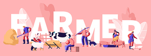 people doing farming job concept. farmer characters feeding domestic animals, milking cow, shearing sheep, prepare hay for livestock. poster, banner, flyer, . cartoon flat vector illustration