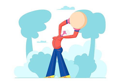 Happy Pensioner Woman Healthy Lifestyle, Senior Female Character Exercising with Fit Ball Outdoors, Sport, Aged Woman Engaged Fitness Class in Park, Sports Activity Cartoon Flat Vector Illustration