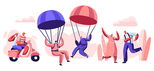 Elderly People Active Lifestyle. Happy Aged Pensioner Characters Doing Extreme Sport, Skydiving with Parachute, Riding Motobike, Dancing. Old Men and Women Relations. Cartoon Flat Vector Illustration