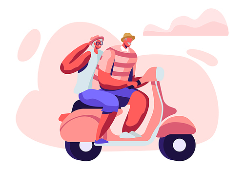 Adorable Couple of Cheerful Seniors Riding Motorbike, Man and Woman Pensioner Active Lifestyle, Aged People Extreme Activity, Senior Character Driving Fast on Scooter Cartoon Flat Vector Illustration