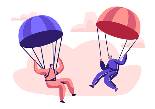 Happy Aged Pensioner Characters Doing Extreme Sport, Skydiving with Parachute, Senior Man and Woman Skydivers Wearing Sports Wear Uniform Floating in Sky with Chutes. Cartoon Flat Vector Illustration