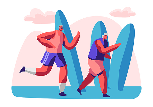 Couple of Senior Men Characters in Sportswear Run Together, Doing Exercises. Pensioners Outdoors Activity and Sport, Old Friends Have Fun, Fitness Healthy Lifestyle. Cartoon Flat Vector Illustration